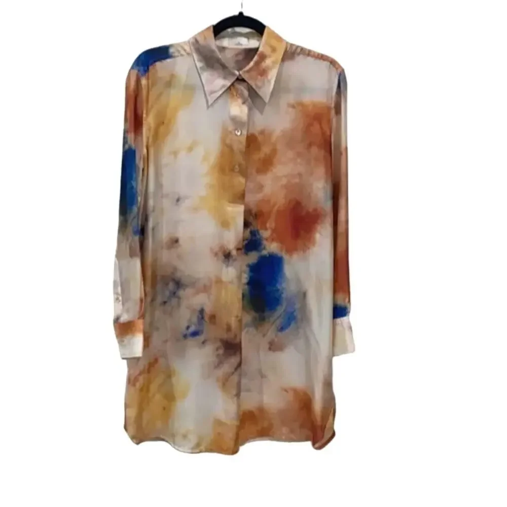 Aritzia Le Fou Wilfred Aura Silk Tie Dye Button Down Shirt Dress